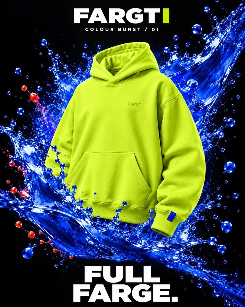 Acid: limegrønn hoodie, blått fargesprut og teksten Full farge. Konseptvisualisering.