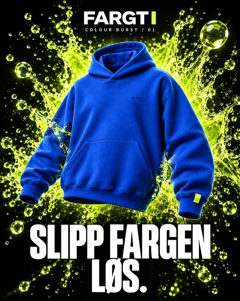 Cobalt: blå hoodie, limegrønt fargesprut og teksten Slipp fargen løs. Konseptvisualisering.