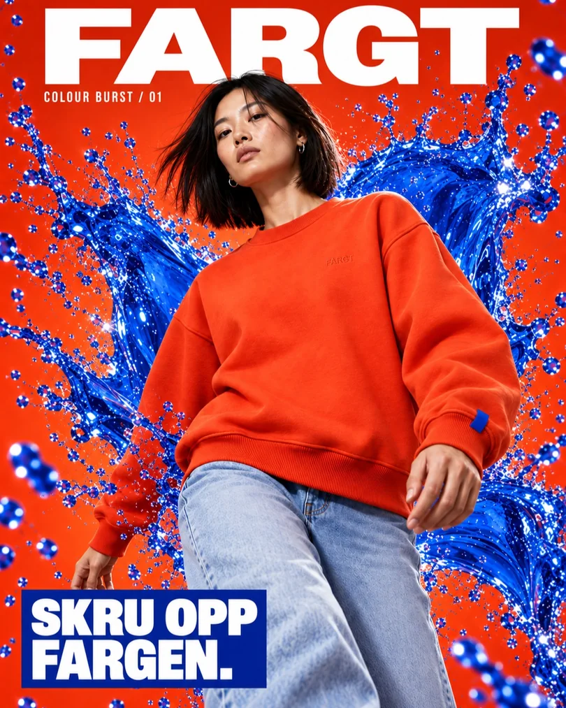 Signal: modell i oransje genser, blått fargesprut og teksten Skru opp fargen. Konseptvisualisering.